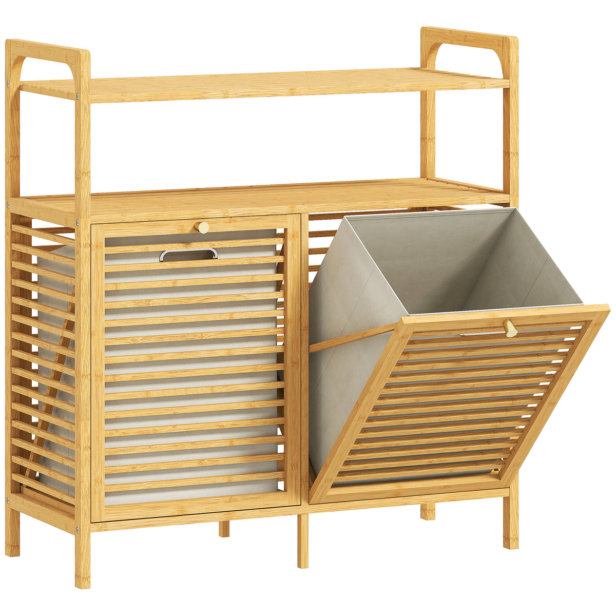 Meuble salle de bain en bambou, armoire salle de bain avec 2 paniers à linge et 2 étagères, 82x33x88cm, bois naturel-0