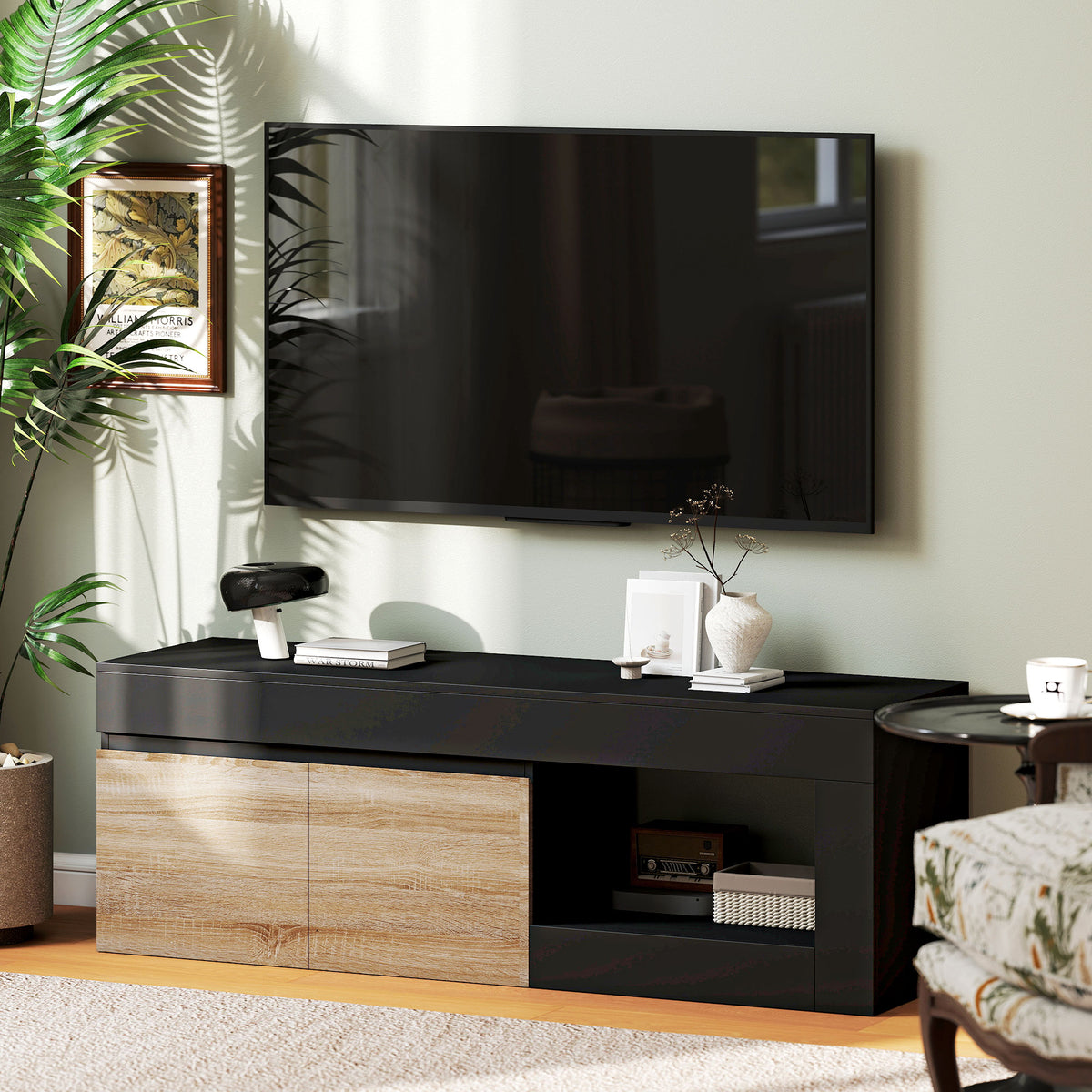 Meuble TV 2 portes pour téléviseurs jusqu'à 60 pouces, meuble télé avec placard et étagère ouverte, noir-8