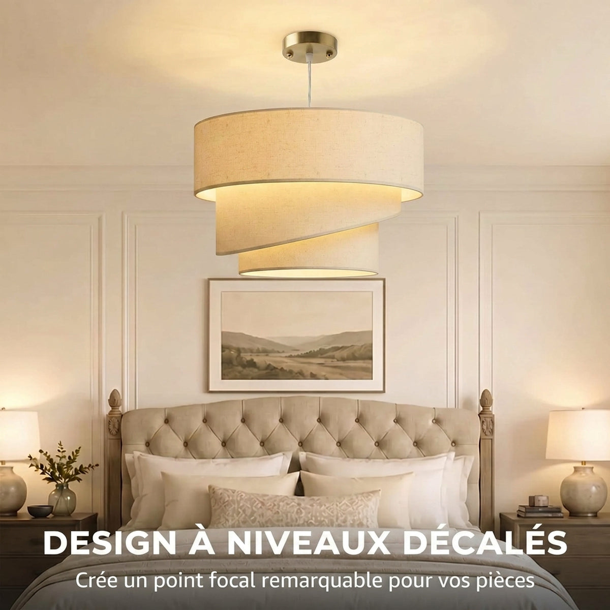 Suspension Luminaire à 3 Abat-Jour Effet Lin, Ampoule Non Incluse E14 40 W, Câble Réglable, Rosace Dorée, Beige-3