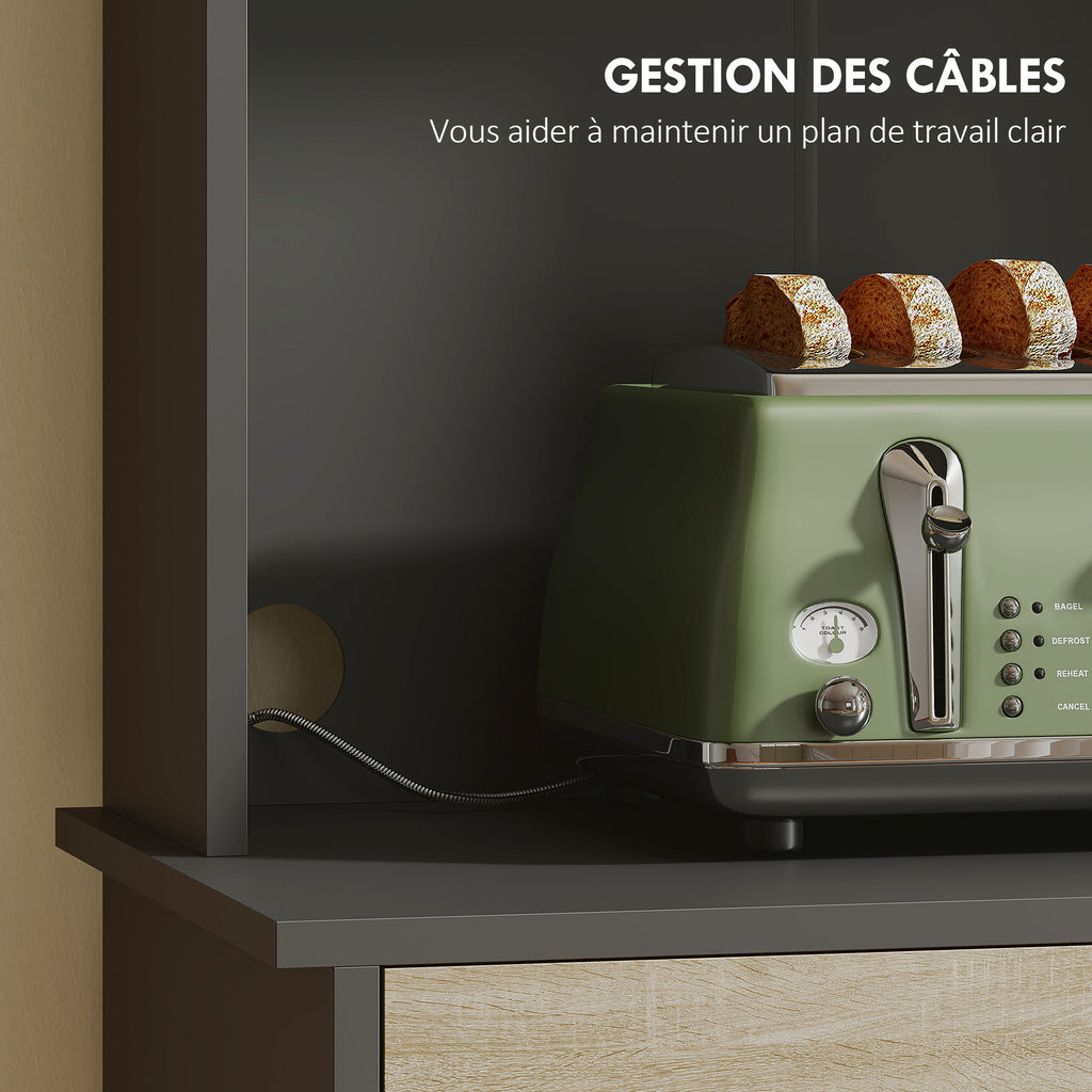 Buffet haut cuisine, armoire de cuisine, tiroir, 3 portes, étagères ouvertes, plan de travail, 60x40x180cm, bois naturel-5