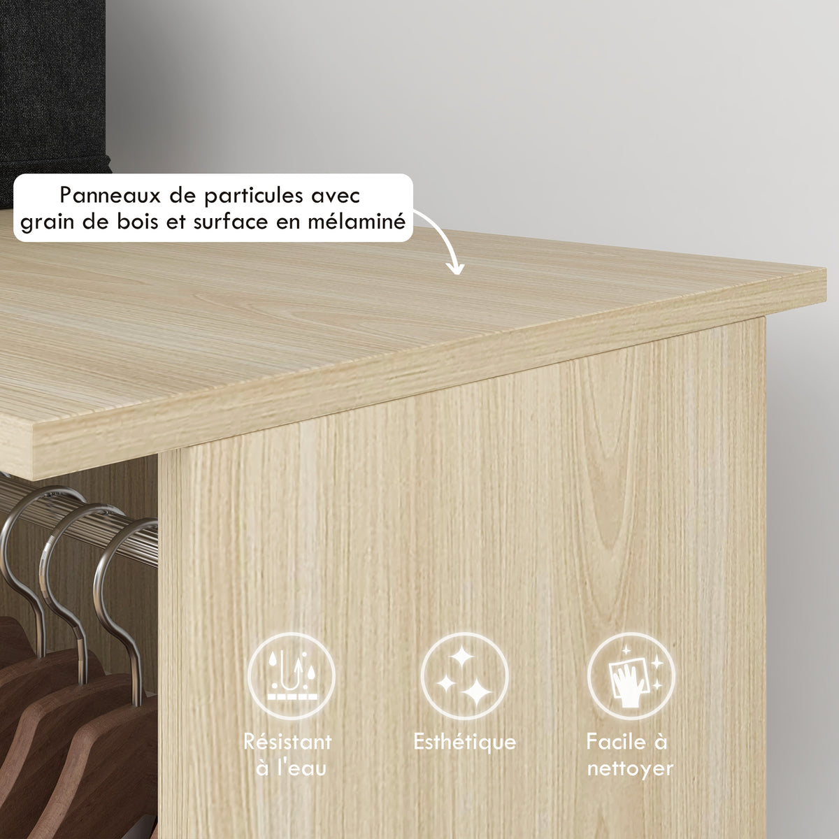 Armoire penderie Meuble de Rangement Mobile 6 roulettes 120L x 40l x 128H cm en bois naturel-3