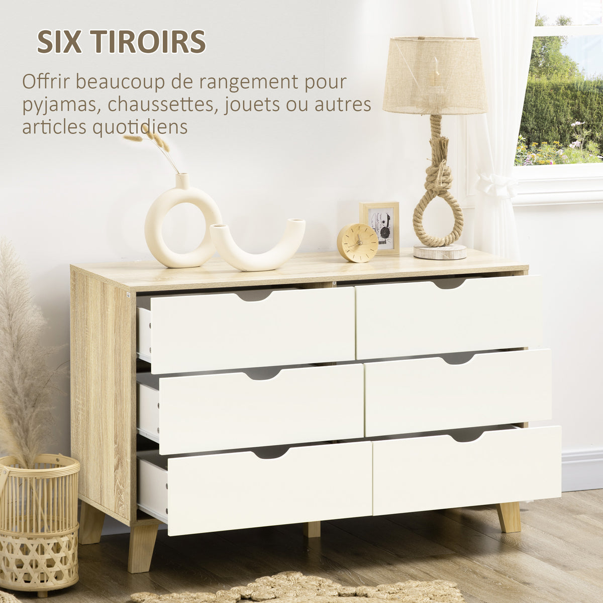 Commode 6 tiroirs style scandinave, meuble de rangement - dim. 120l x 40P x 76H cm, chêne et beige-4
