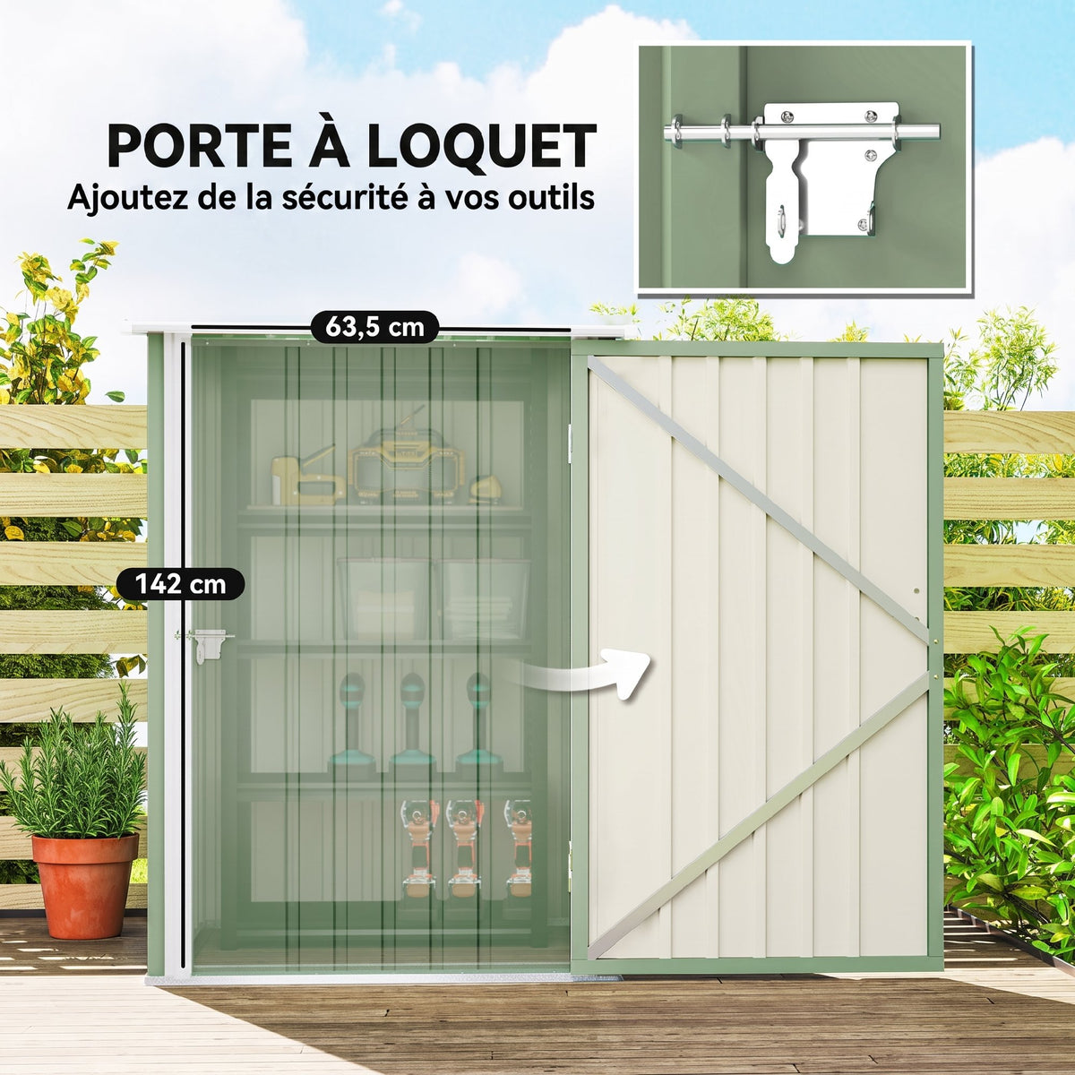Abri de Jardin en Métal 1m², Tôle Ondulée, Toit Incliné, Porte Verrouillable, 100x103x160cm, Vert Clair-4