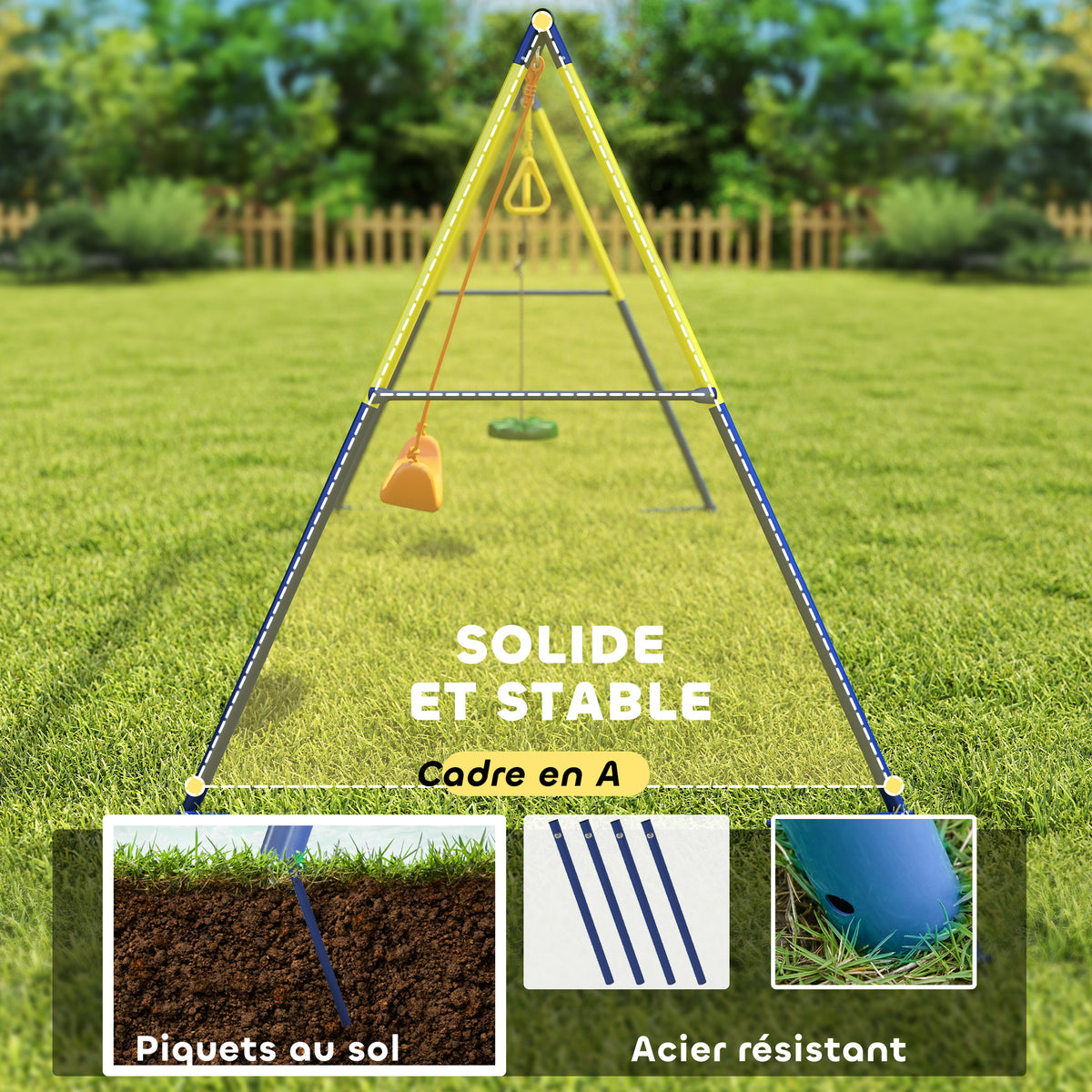 Portique Balancoire Exterieur Enfants 3-en-1, Siège de Balancelle, 2 Anneaux Gymnastique et Balançoire à Disque-4