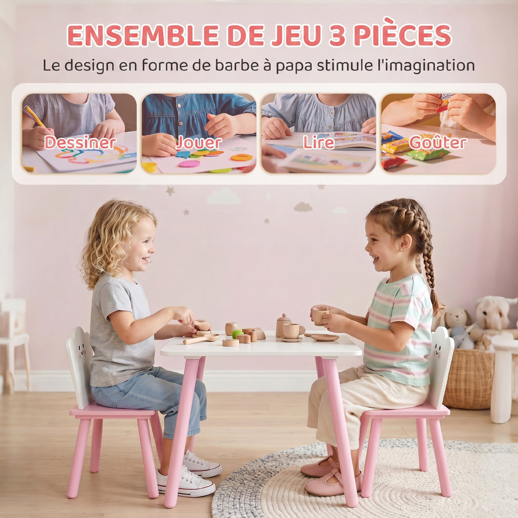 Table enfant avec chaise, ensemble table et 2 chaises en bois pour dessiner, jouer, étudier, rose-3