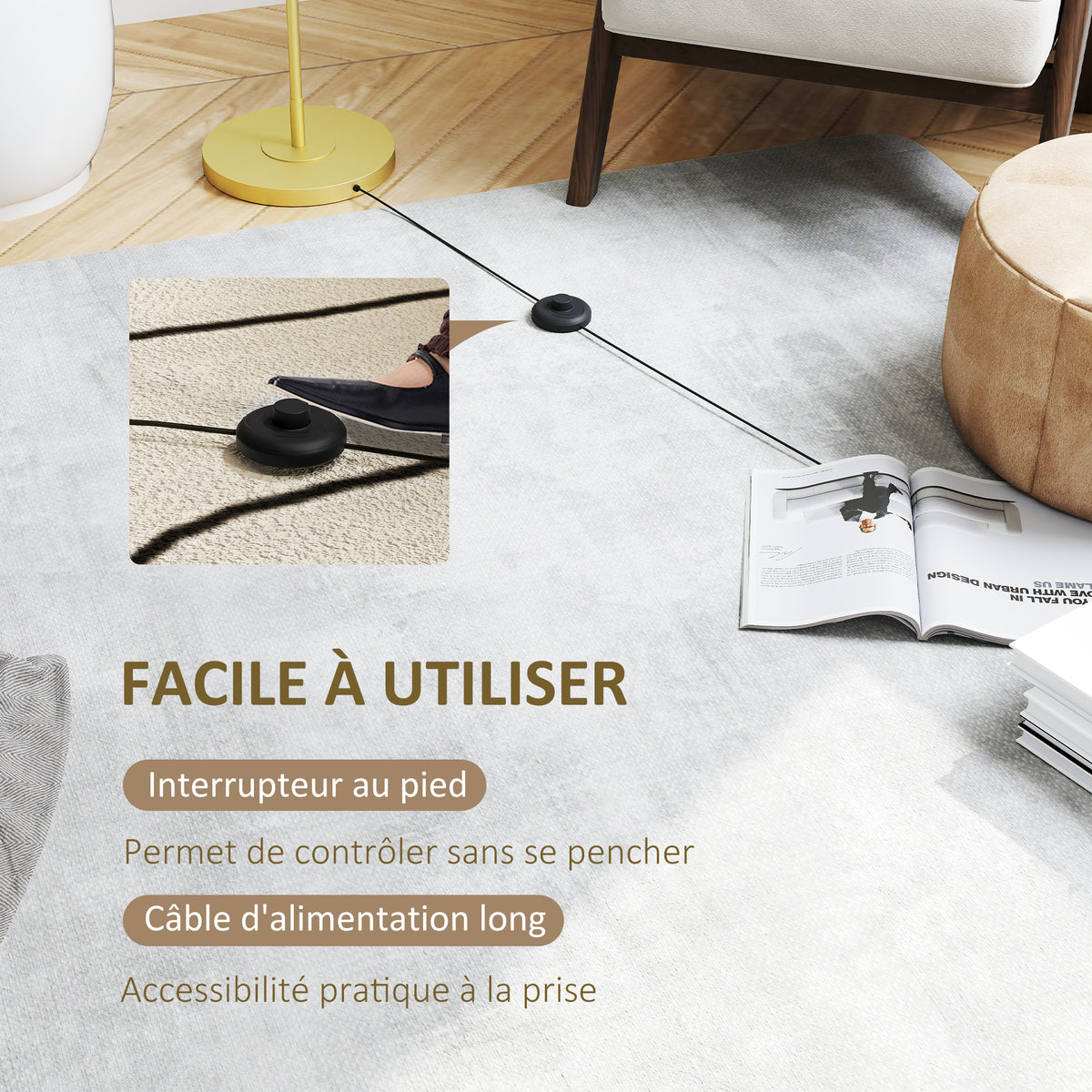 Lampadaire sur pied salon style moderne avec abat-jour aspect lin et interrupteur à pied 163,5 cm doré et blanc-4