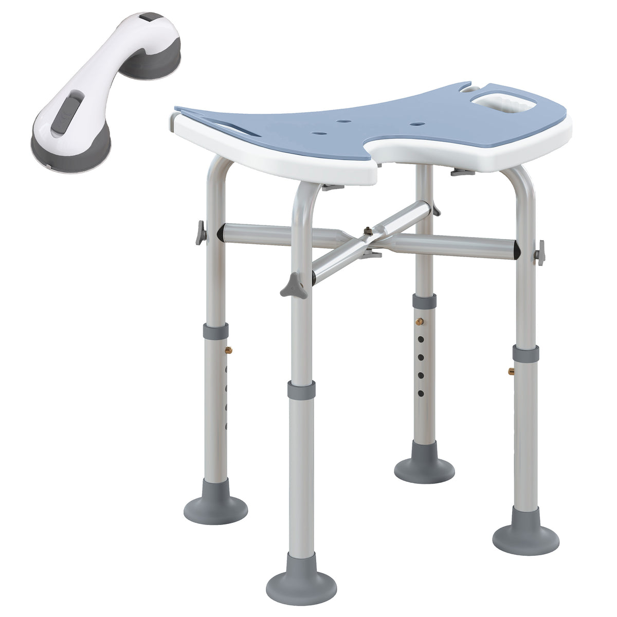 Tabouret de Douche, Hauteur Ajustable 39-51,5 cm, Barre d'Appui à Ventouse, Patins à Ventouse, Bleu Clair-0