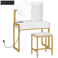 Coiffeuse avec miroir et tabouret, station de charge, table de maquillage avec 2 tiroirs, 3 étagères ouvertes, blanc-0