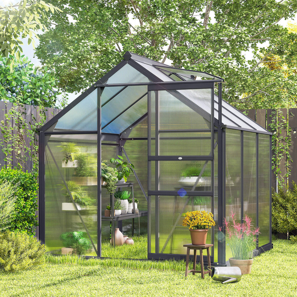 Serre de jardin polycarbonate 3,65m² 190 x 192 x 201 cm résistant aux UV fondation renforcé gouttière Gris-7