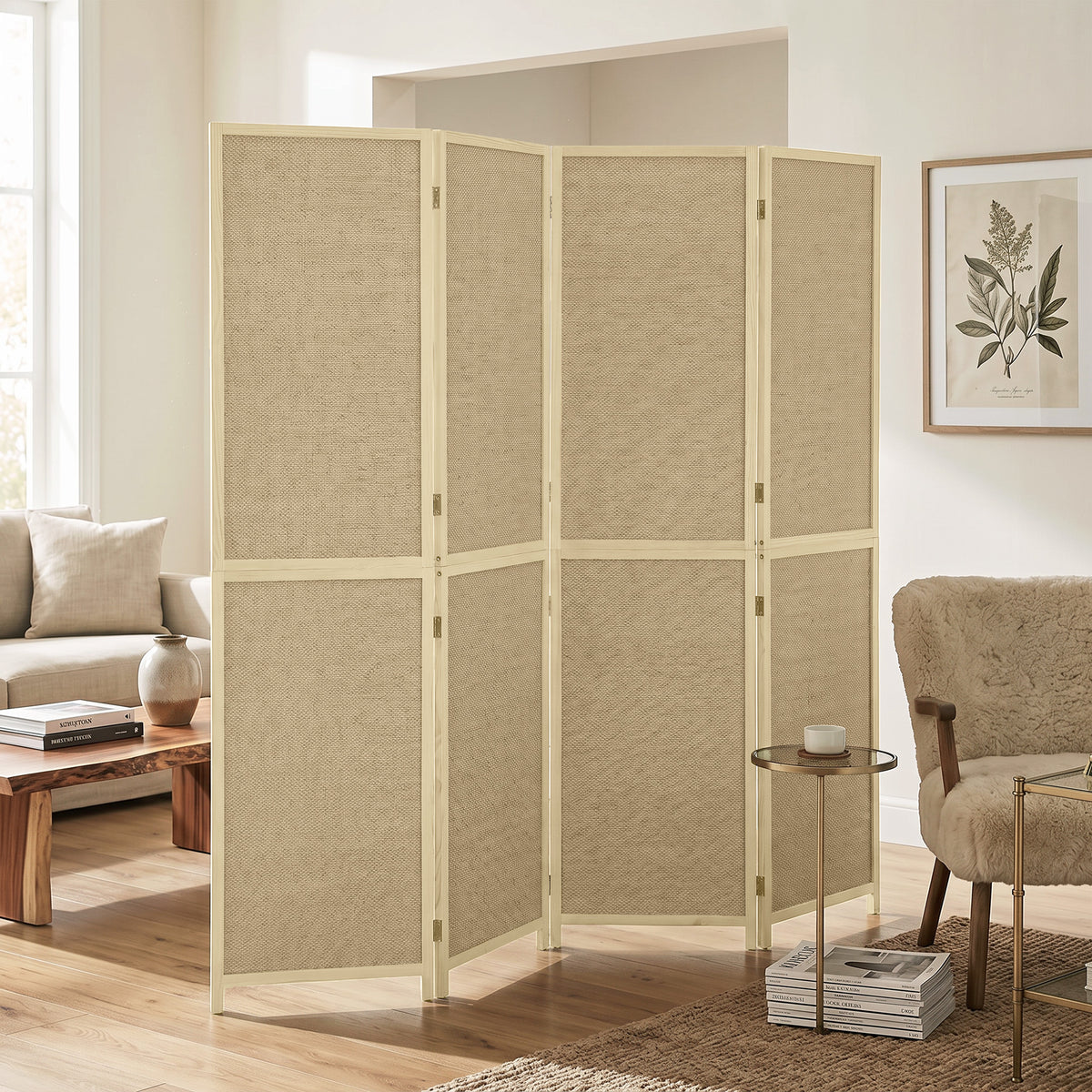 Paravent Interieur en Bambou 4 Panneaux 180x180cm, Séparateur de Pièce Pliable et Portable, Style Bohème, Bois Naturel-1