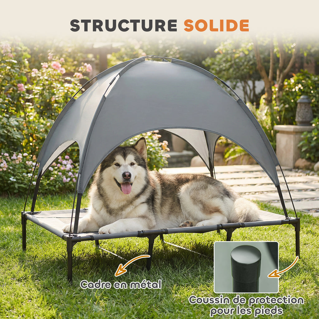 Lit Chien Sureleve avec Parasol, Lit de Camp Chien Chat sur Pieds Tissu Oxford Respirant, Anti-UV Cadre en Métal Sac de Transport Inclus Couchage Extérieur pour Chat 122 x 92 x 108 cm Gris Noir-6