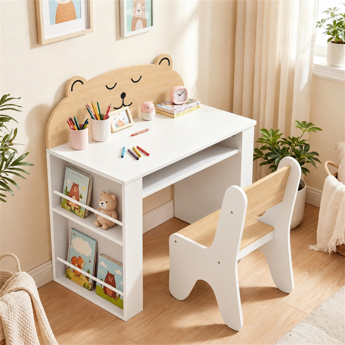 Bureau et Chaise pour Enfant 2 Pièces, Ensemble Table d'Activité avec Bibliothèque pour Dessin, Lecture et Jeux, Blanc-8
