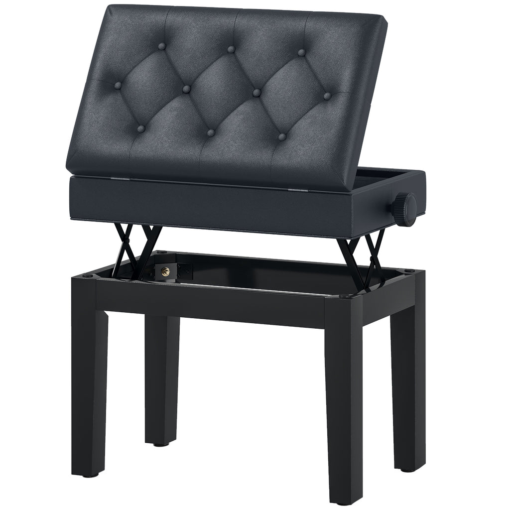 Banc de piano, banc de clavier réglable en hauteur en bois massif, tabouret piano avec compartiment caché, siège rembourré polyuréthane à 10 boutons, stable et antidérapant, charge 200kg, noir-0