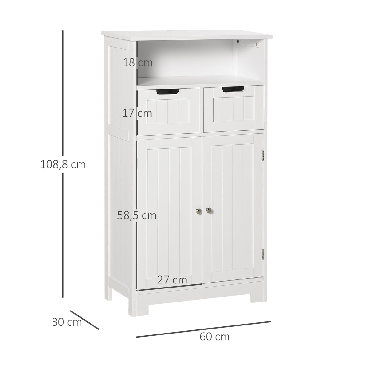 Meuble de salle de bain, meuble de rangement avec 2 tiroirs, niche, placard avec porte, étagère réglable, armoire de salle de bain, cuisine, salon, 60 x 30 x 109 cm, blanc-2