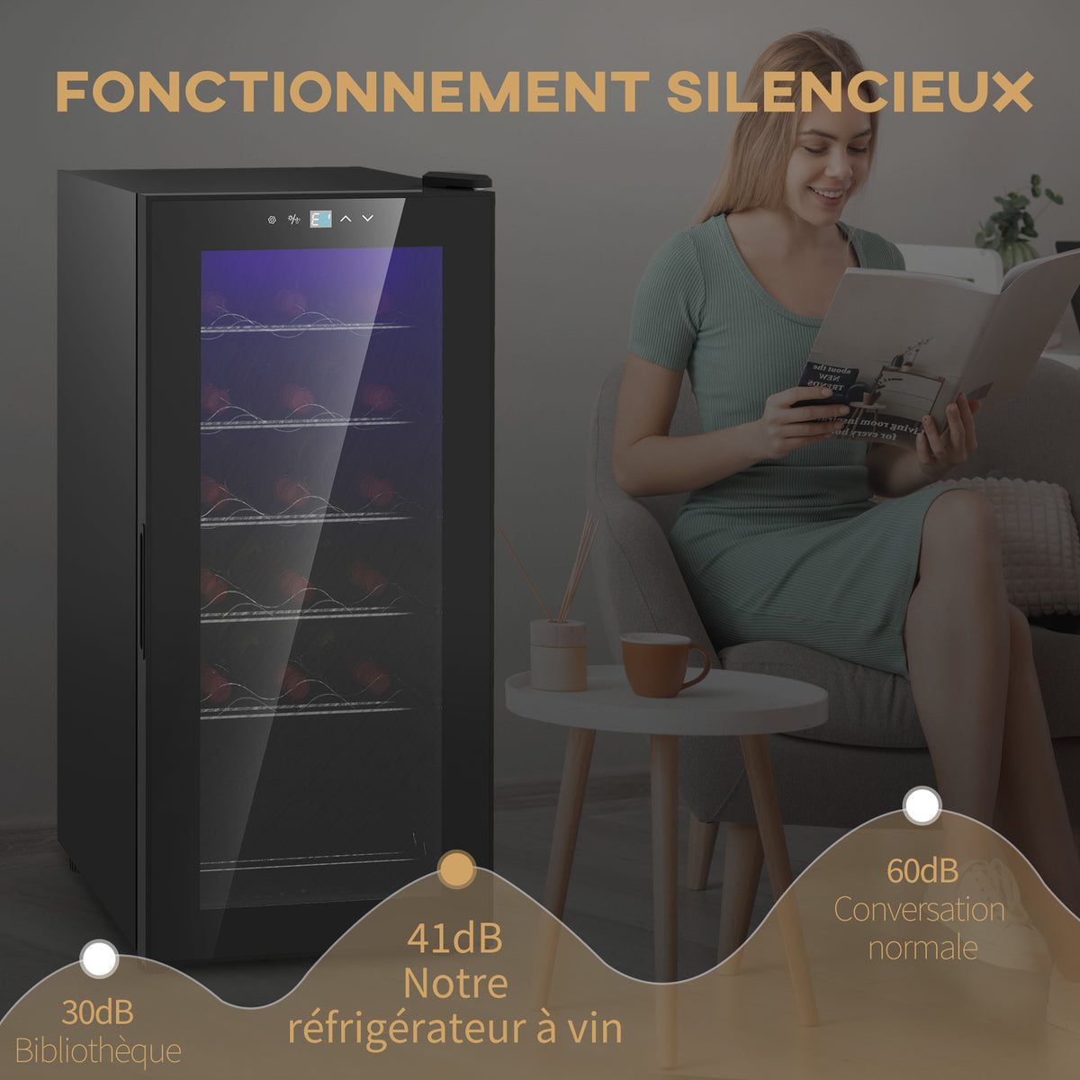 Cave à vin 18 bouteilles 50L haute performance température réglable 5-18° avec lumière LED, noir-7