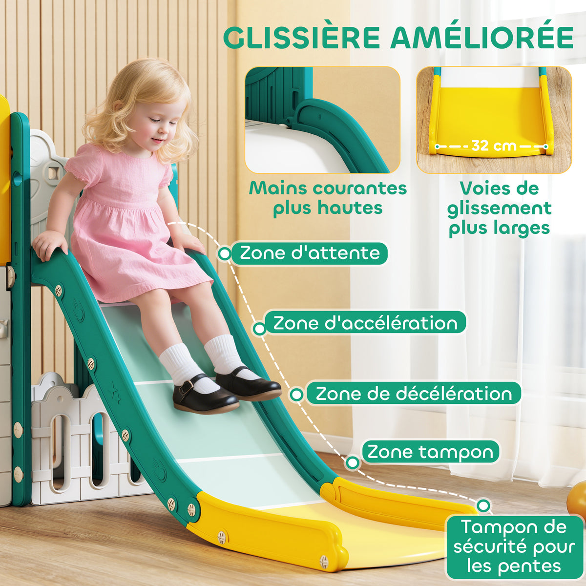 Toboggan pour enfant 7 en 1 avec panier de basket, télescope, rangement, tunnel, escalade, tableau de dessin, jaune-4