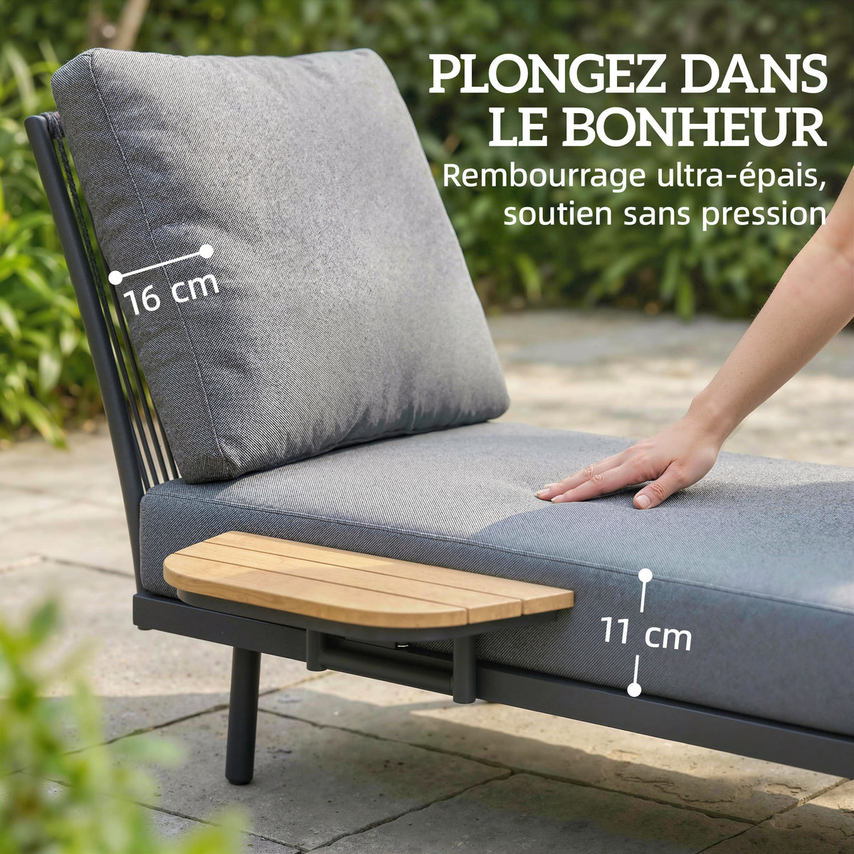 Chaise Longue de Jardin avec Coussins Lavables en Oléfine et Étagère Latérale, Cadre en Métal, 58x137x75cm, Gris-3