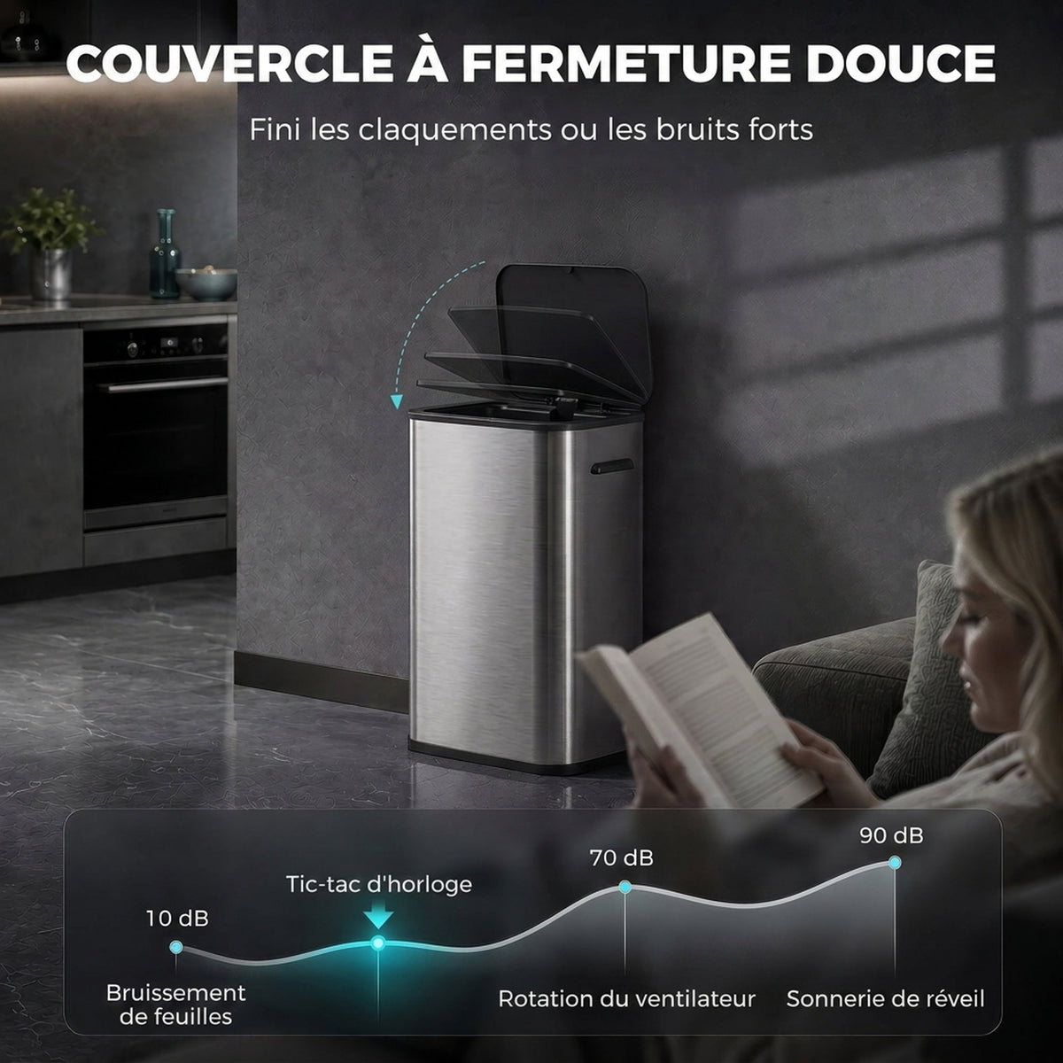 Poubelle de Cuisine Automatique 55L en Acier Inoxydable, Couvercle à Fermeture en Douceur, Fonctionne sur Piles, Argent-4