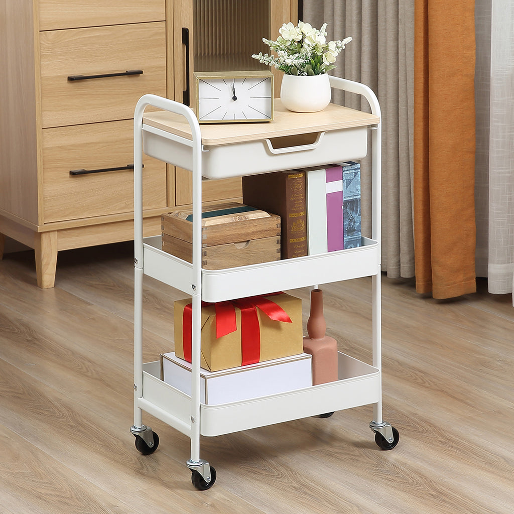 Desserte de cuisine chariot de service 2 étagères tiroir plateau aspect bois clair acier PP blanc-1