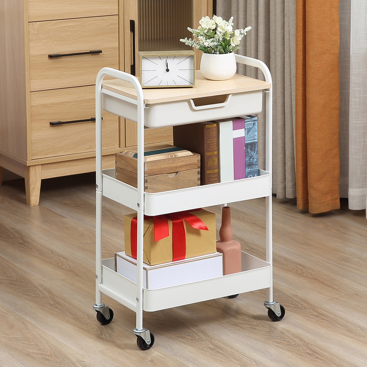 Desserte de cuisine chariot de service 2 étagères tiroir plateau aspect bois clair acier PP blanc-1