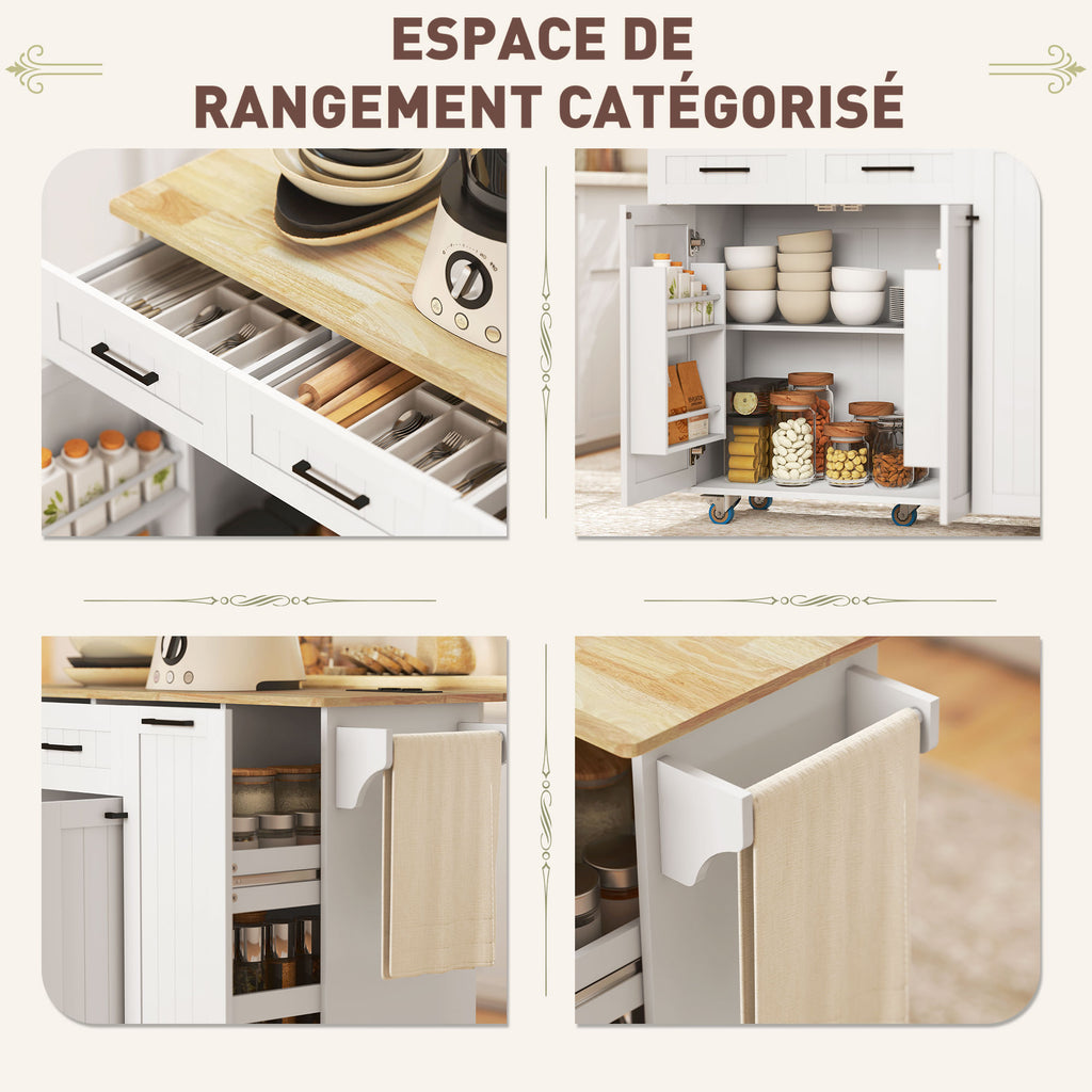 Îlot central cuisine mobile avec prise de courant et port USB, tablette à abattant, étagère réglable blanc-5
