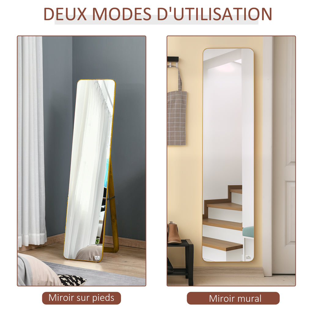 Grand miroir pleine longueur rectangulaire, 37 x 160 cm - miroir sur pied ou mural - pour chambre à coucher, salon et dressing, noyer clair-4