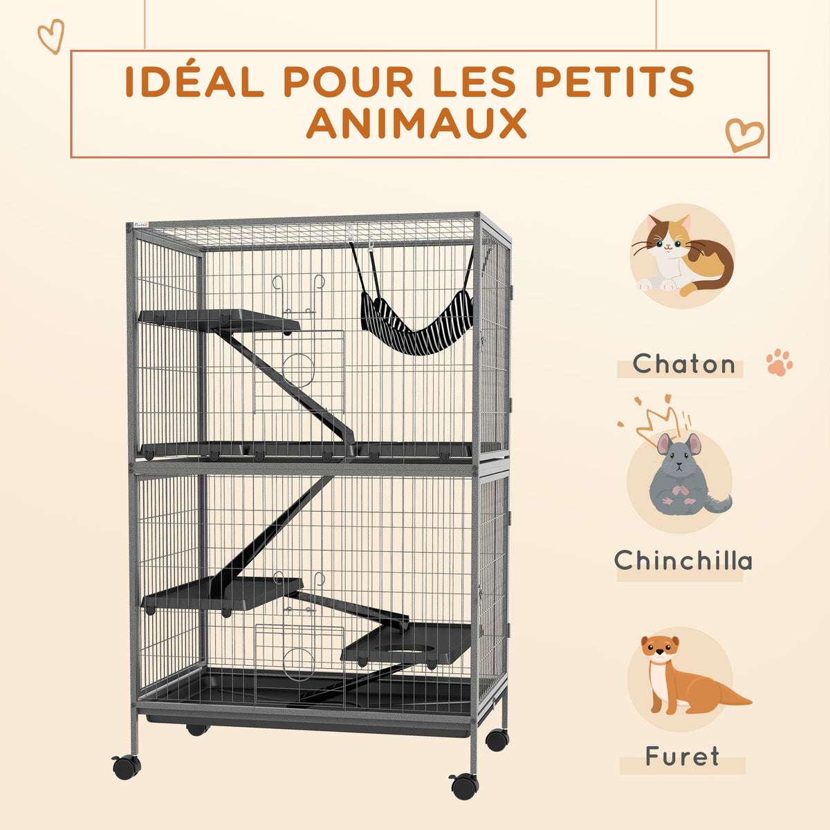 Cage pour rongeurs Multifonction 4 Plateformes 3 rampes 4 Portes dim. 80L x 52l x 128H cm acier Gris argenté Noir-3