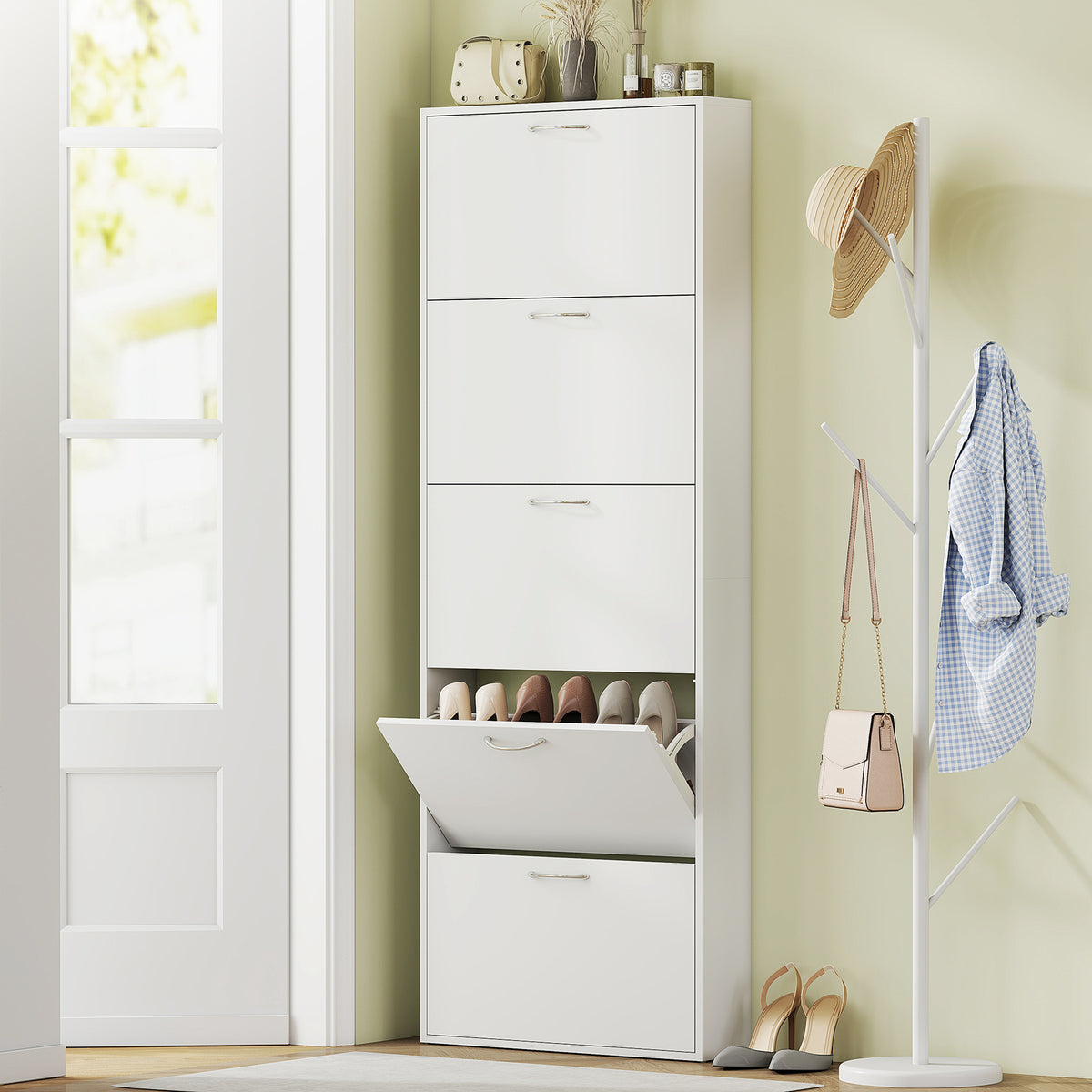 Meuble à chaussures 15 paires, armoire à chaussures étroite moderne avec 5 tiroirs rabattables, 65 x 17 x 180,5 cm blanc-1