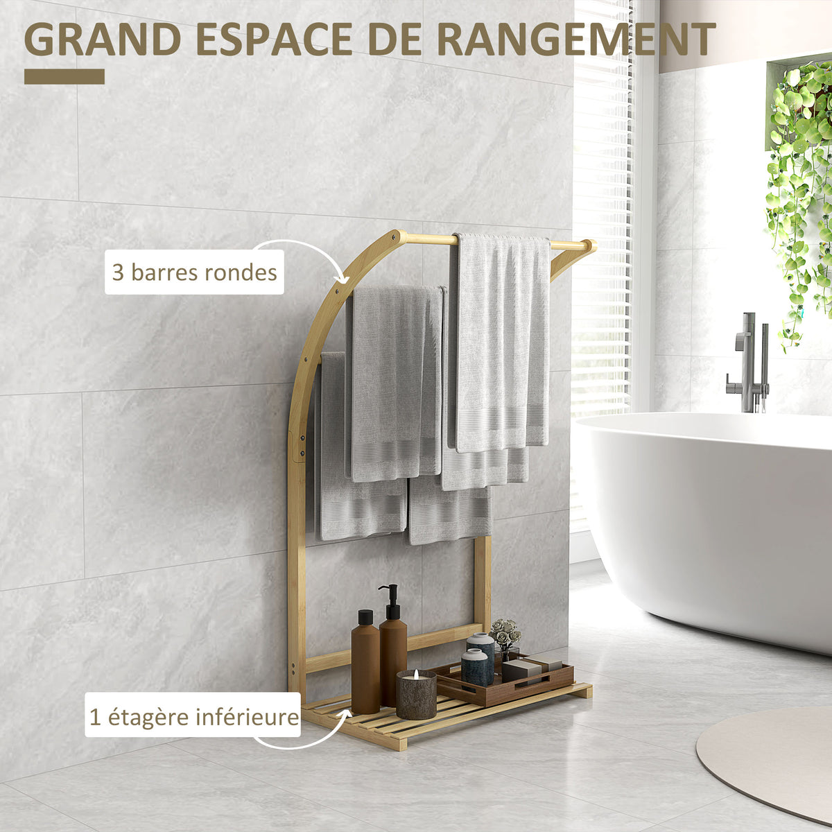 Porte-serviettes en bambou 3 barres avec étagère de rangement, pour la salle de bains et la buanderie, finition naturel-3