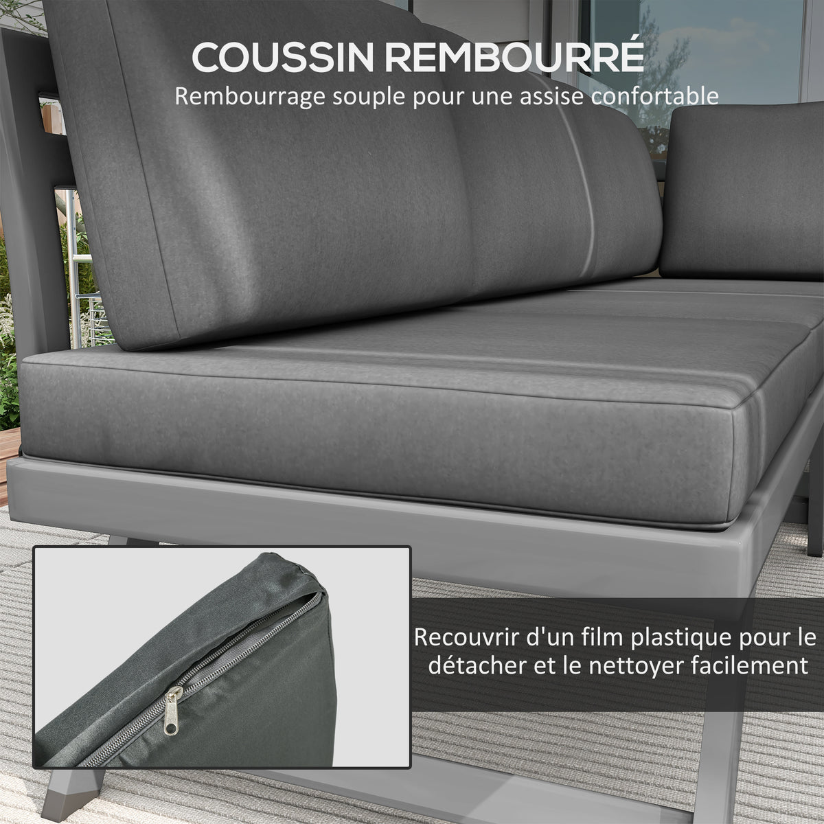 Ensemble salon de jardin d'angle et convertible 4 pièces avec 2 banquettes, 1 fauteuil d'angle et 1 table basse-4