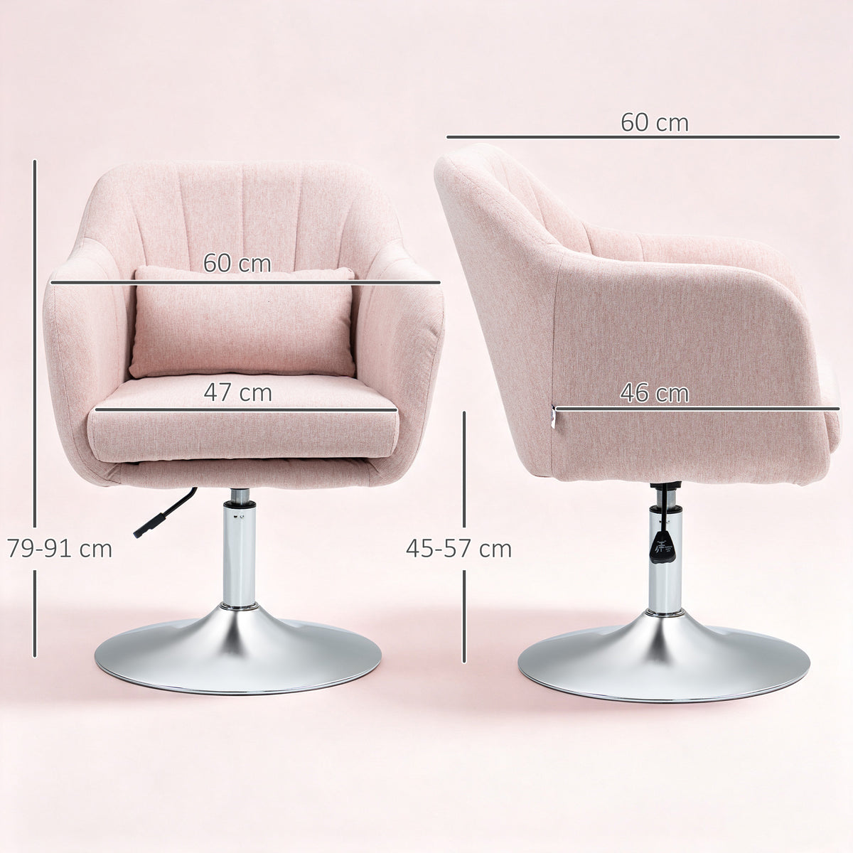 Fauteuil de salon coussins lombaires hauteur réglable pivotant 360° piètement en métal rose-2
