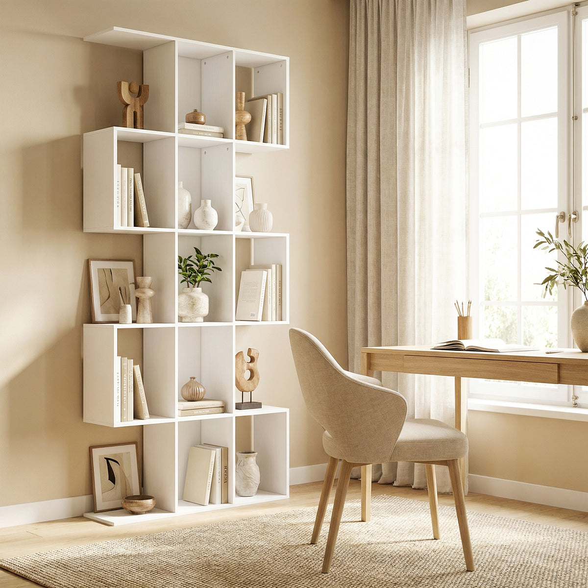 Bibliothèque à 5 niveaux, étagère de rangement en forme S avec 15 compartiments ouverts, 80 x 24 x 200 cm, blanc-9
