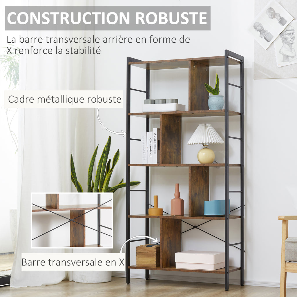 Bibliothèque étagère de rangement à 5 niveaux avec compartiments ouverts 74 x 30 x 157,5 cm brun rustique et noir-4