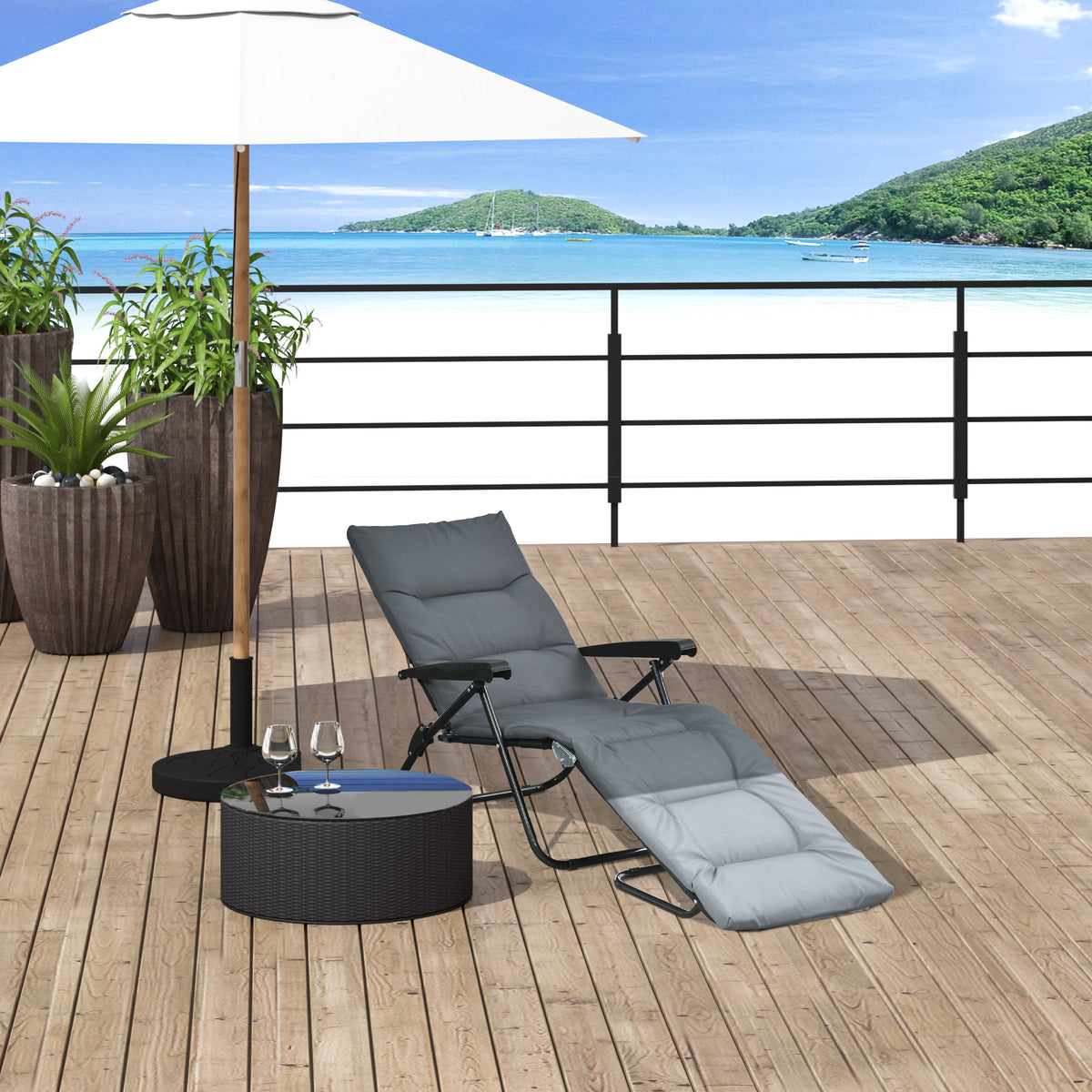 Bain de soleil pliable transat inclinable 6 positions avec matelas + accoudoirs acier polyester gris-9