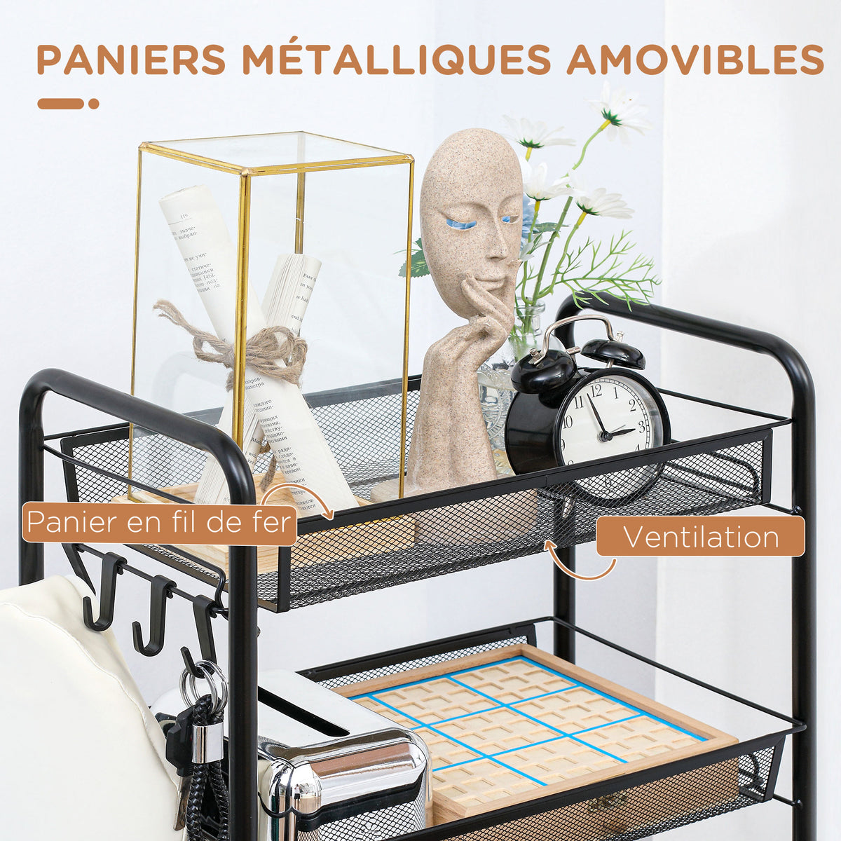 Chariot desserte de rangement à roulettes avec 5 paniers amovibles en acier, dim. 45L x 26.5l x 106H cm-4