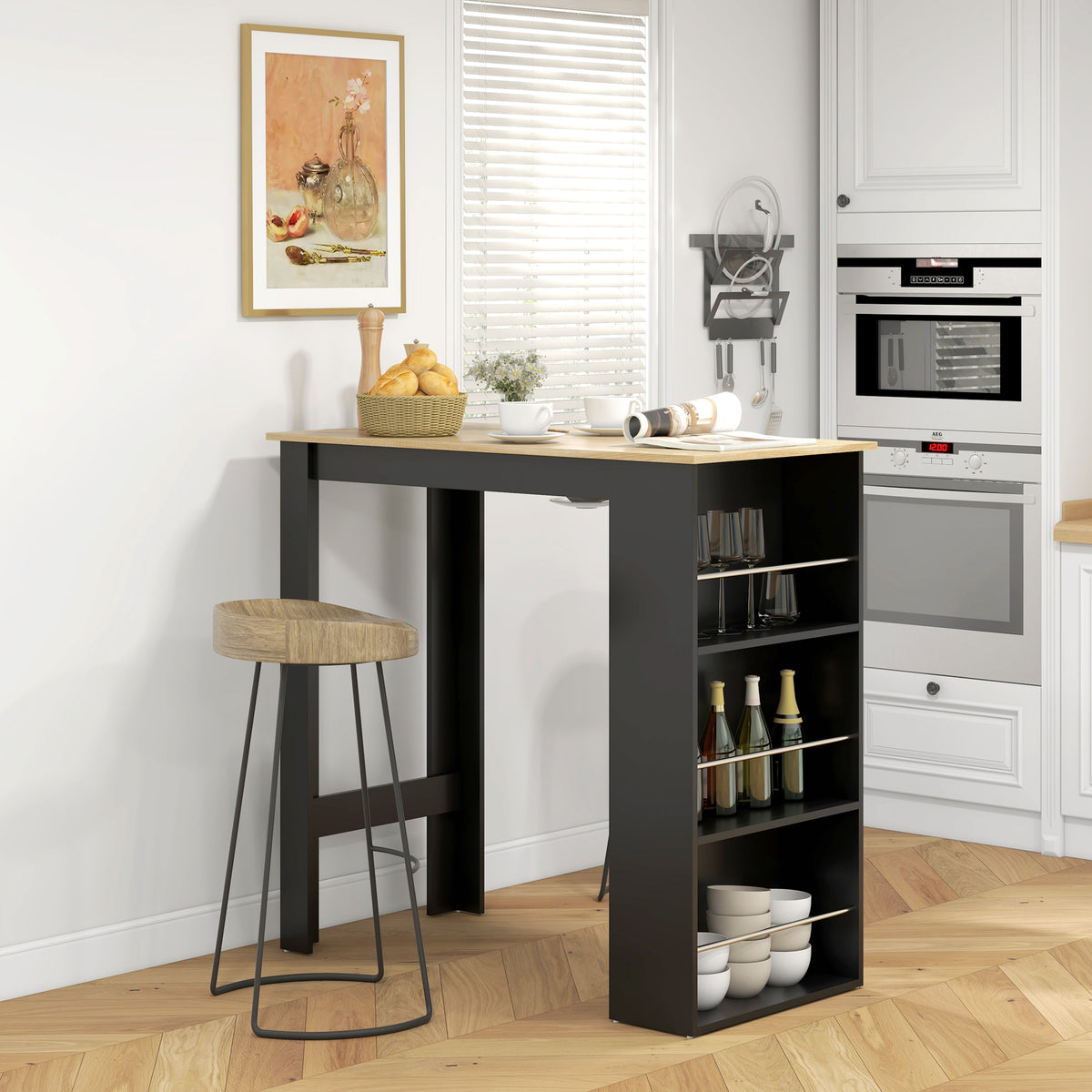 Table de bar table haute de cuisine mange-debout comptoir - dim. 112L x 57l x 106H cm - 3 étagères - noir-1