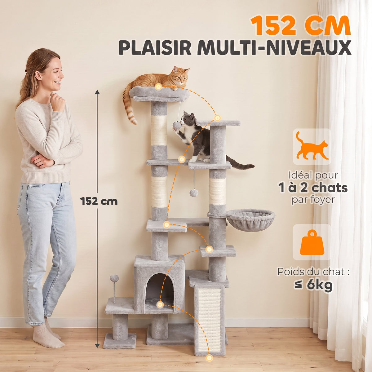 Arbre à Chat 5 niveaux 152cm, Niche, Hamac, Plateforme, Poteaux à Griffer, Balles Suspendues, Gris Clair-3