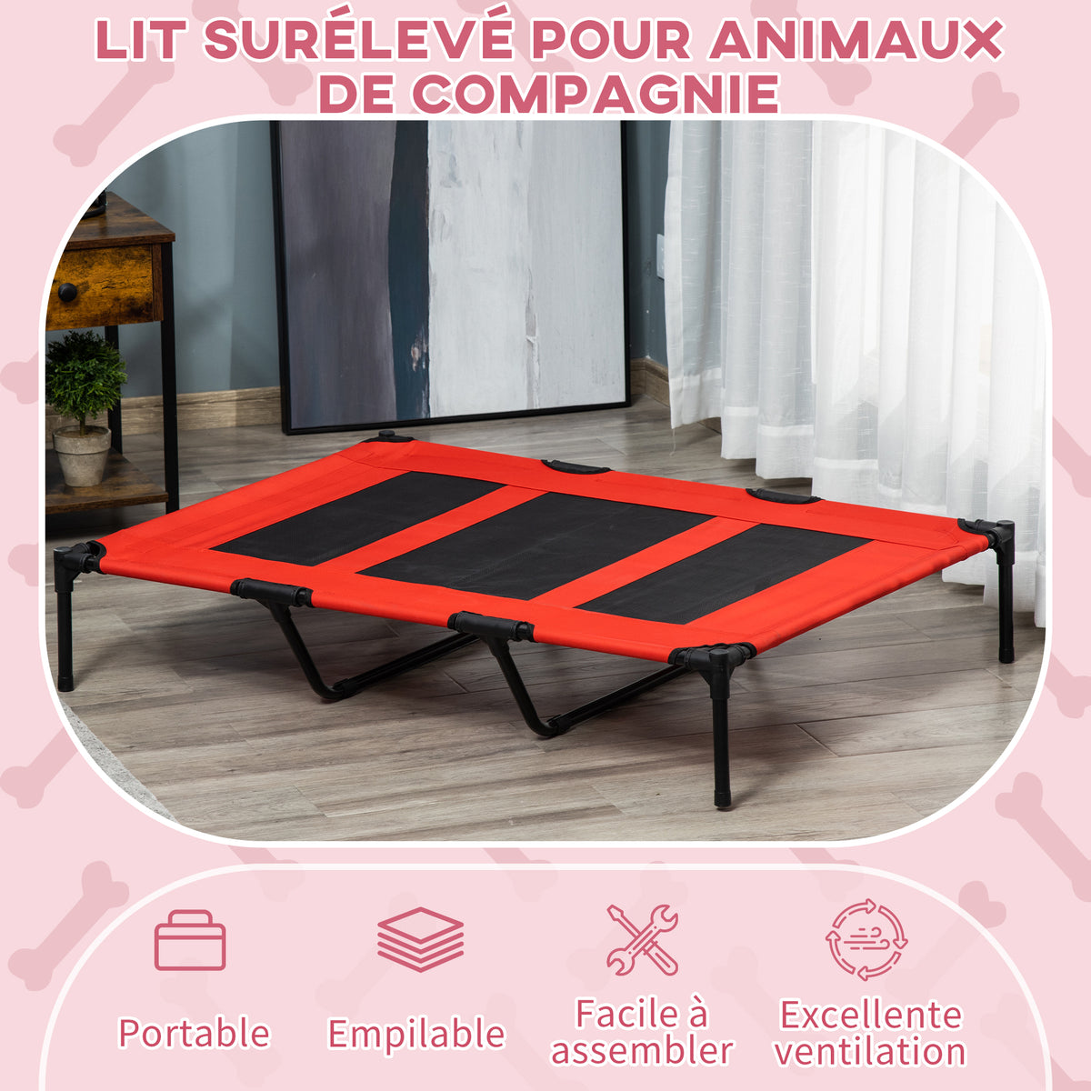 Lit sur pieds XXL pour chien chat lit de camp animal 122L x 92l x 23H cm rouge-3