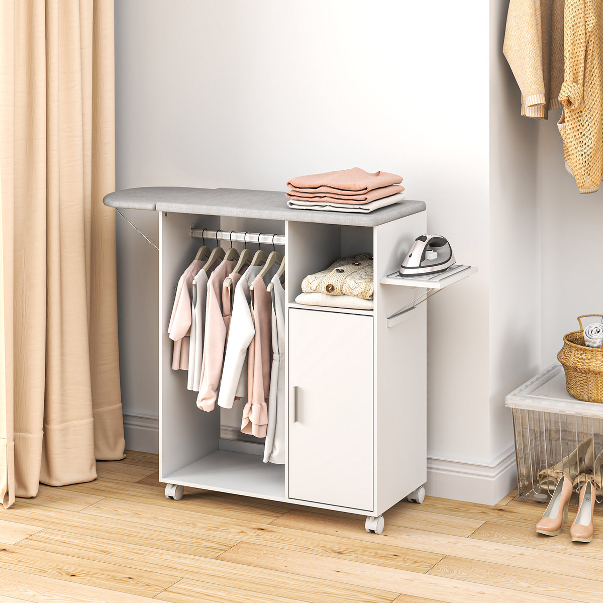 Armoire à repasser sur roulettes, table à repasser pliante, étagère réglable, barre de suspension, 127x42,5x99cm, blanc-1