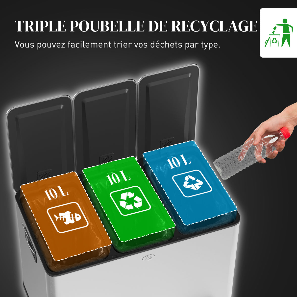 Poubelle de cuisine, poubelle tri sélectif, 3 compartiments de 10L, seaux intérieurs amovibles, 49,6x34,5x38,6cm, argent-3