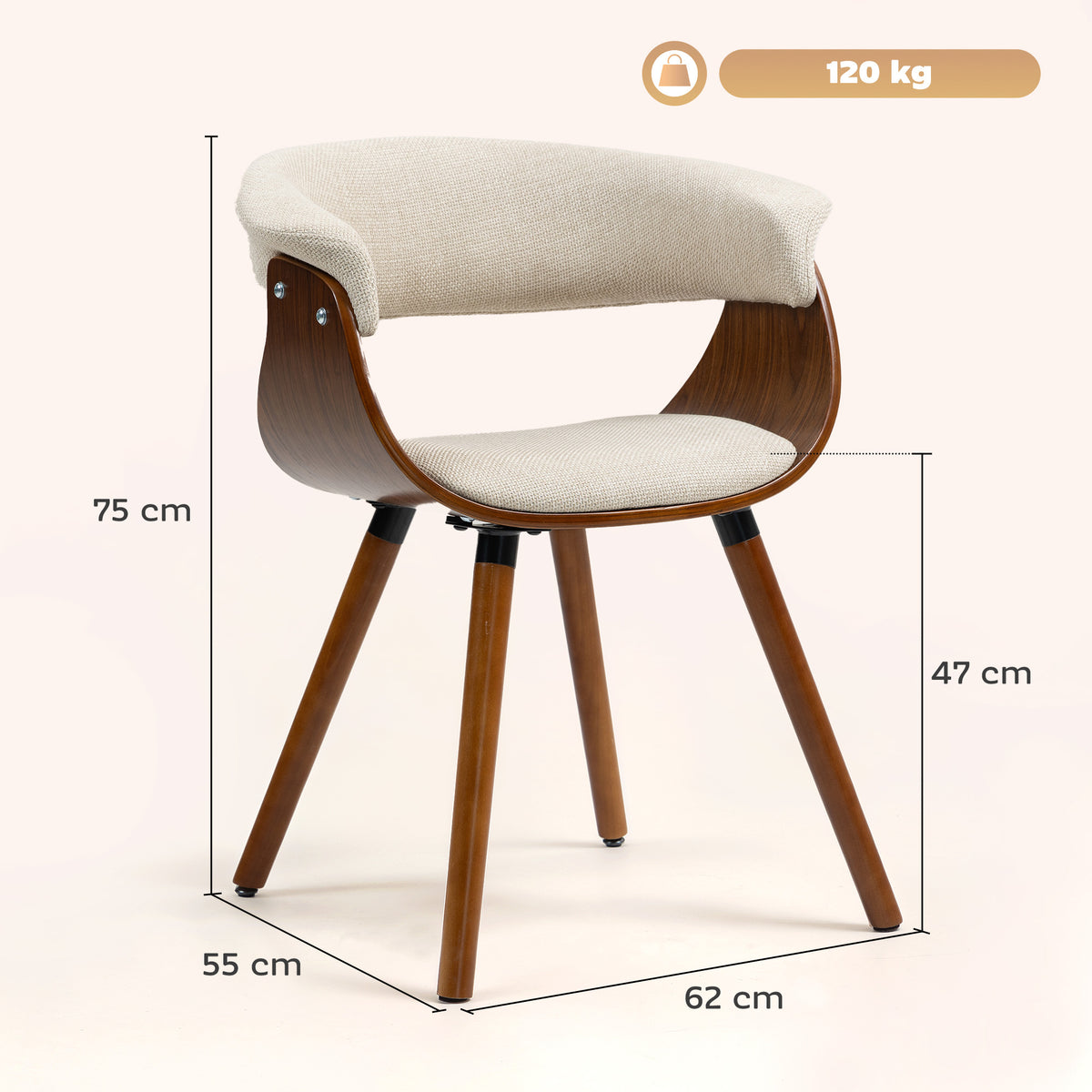 Lot de 2 chaises de salle à manger, chaises de cuisine rembourrées avec dossier incurvé et pieds en bois massif, beige-2