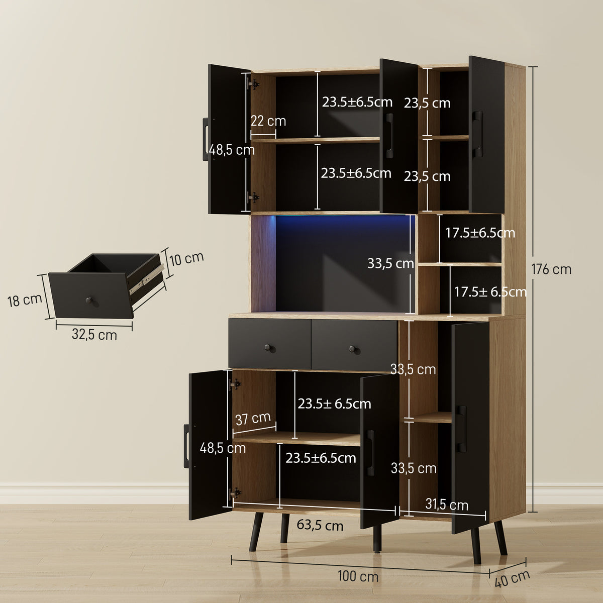Buffet cuisine meuble cuisine rangement haut avec lumière LED RGB plan de travail 6 portes 2 tiroirs 100x40x176cm noir-2