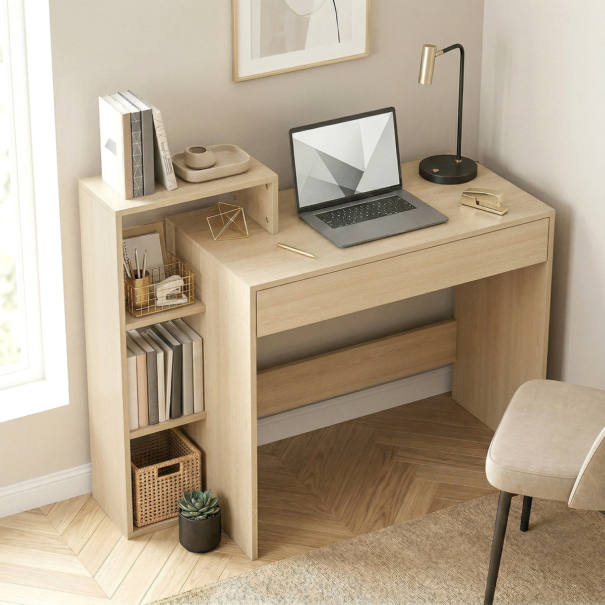 Bureau avec rangement, bureau d'ordinateur avec 3 étagères de rangement et tiroir, 100 x 40 x 90 cm, bois naturel-1