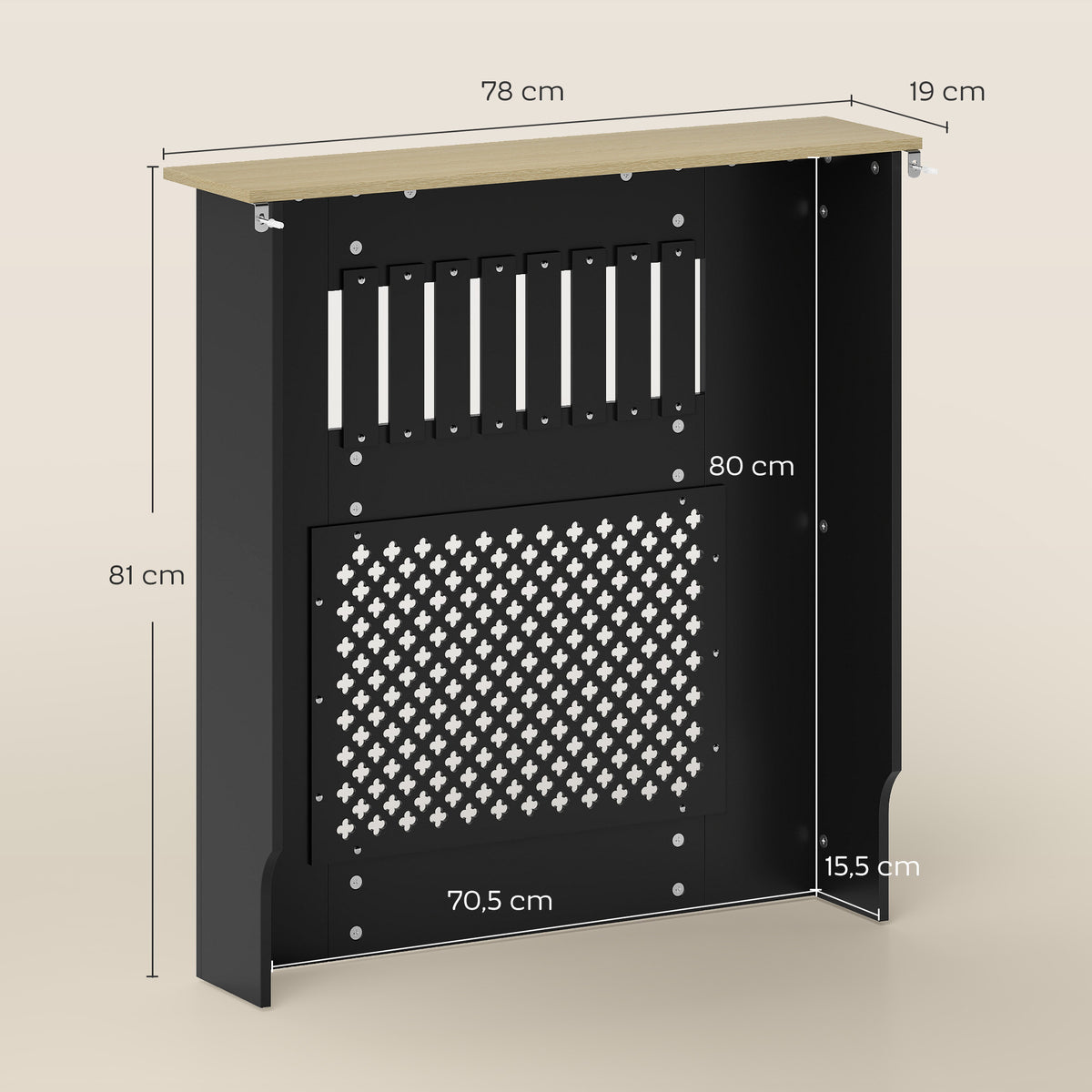 Couvercle de Radiateur en Bois à Lattes avec Détails Croisés et Étagère Supérieure, 78 x 19 x 81 cm, Noir-2