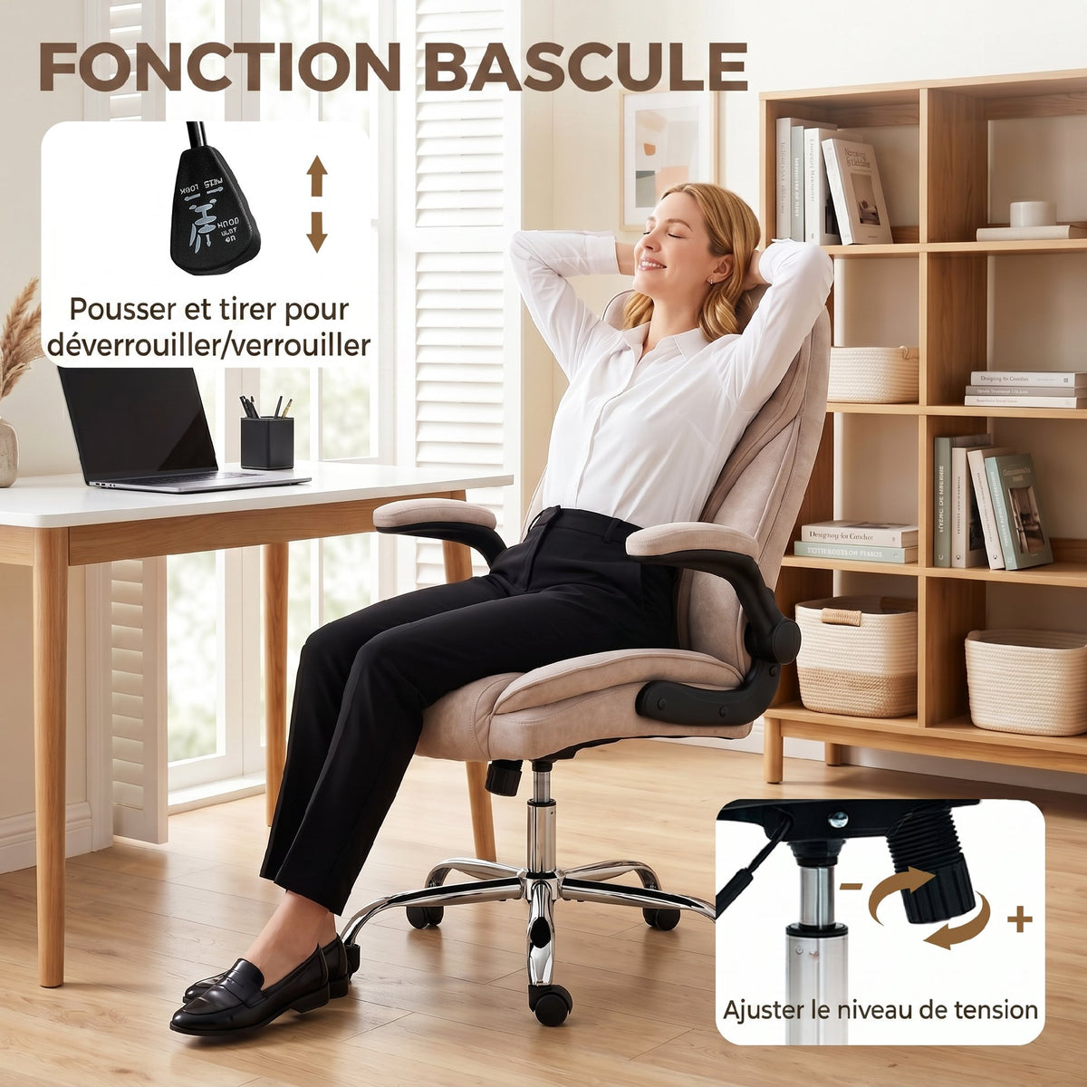 Fauteuil de bureau, chaise bureau ergonomique, hauteur réglable, accoudoirs relevables, 70 x 70 x 114-122 cm, rose-5