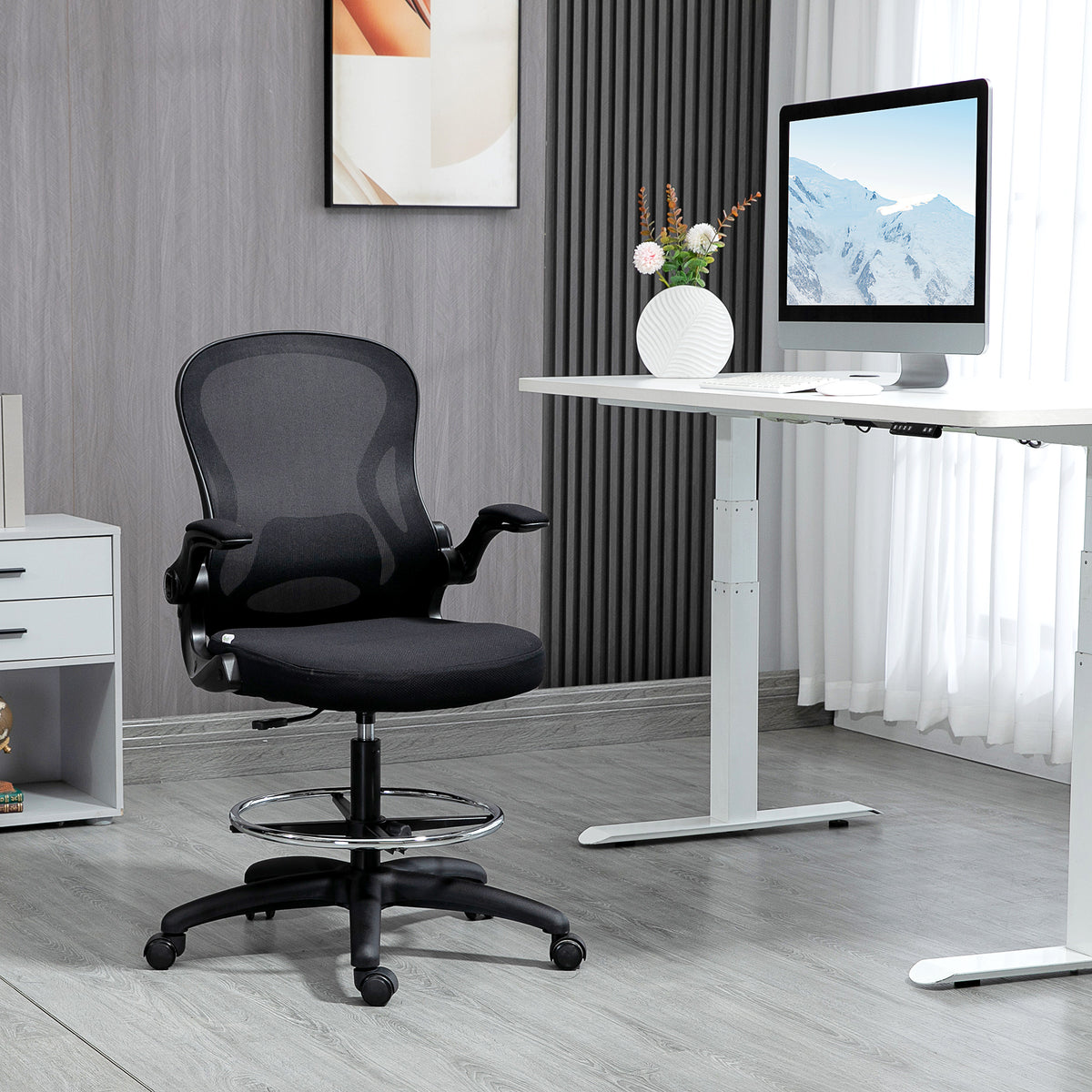 Chaise Bureau Ergonomique en Maille, Hauteur Réglable, Accoudoirs Relevables, Support Lombaire, 59x65x122cm, Noir-1