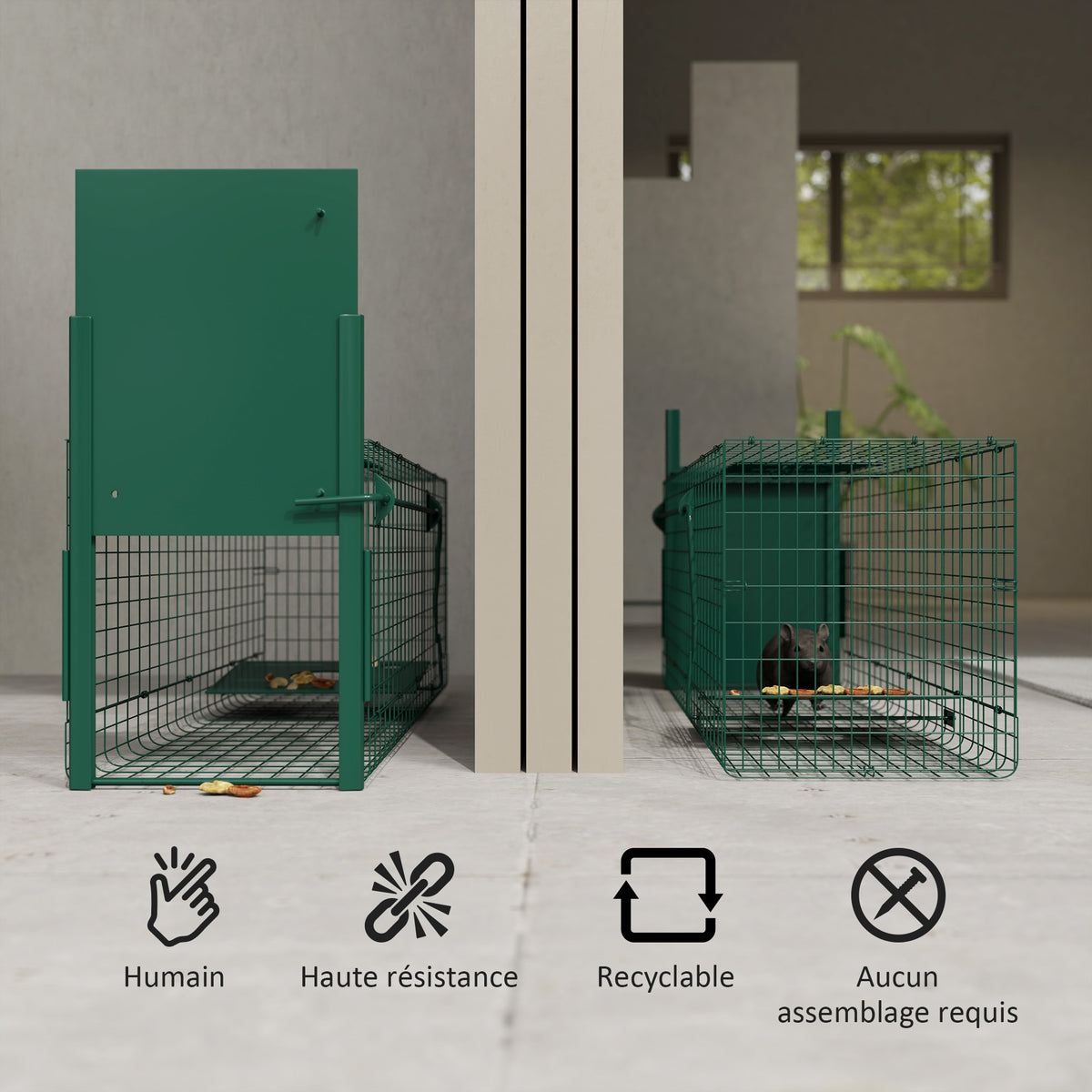 Cage attrape animaux nuisibles 1 entrée dim. 100L x 25l x 28H cm vert foncé-4