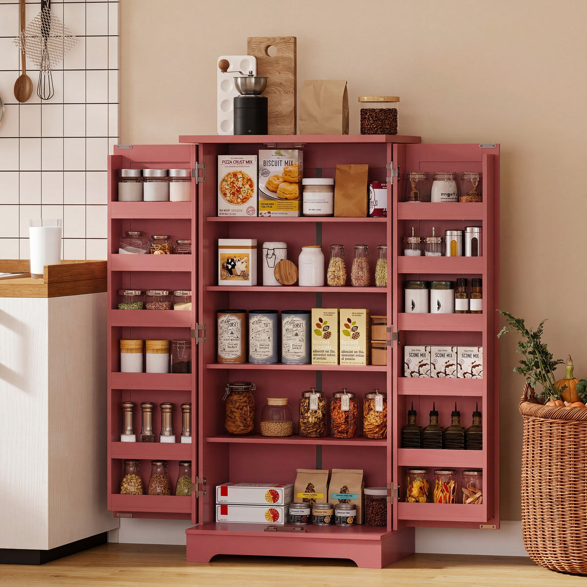 Buffet cuisine armoire de cuisine 5 niveaux avec portes et étagères réglables 60l x 40P x 120H cm grain de bois rouge-1