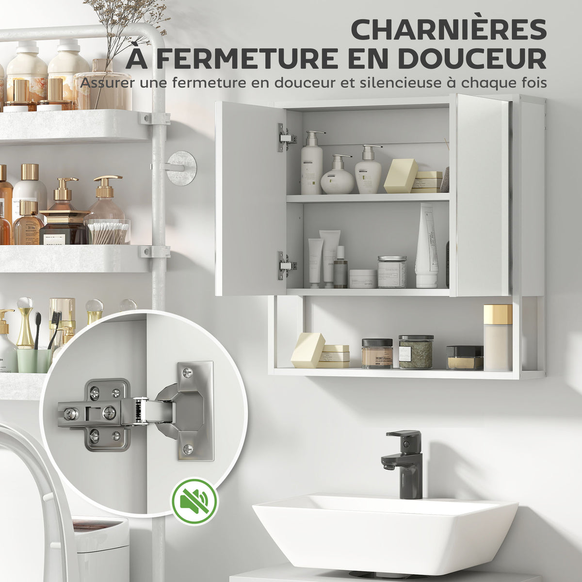 Armoire murale salle de bain avec miroir, meuble salle de bain, 2 portes miroir, étagère ouverte 60 x 16 x 60 cm blanc-4