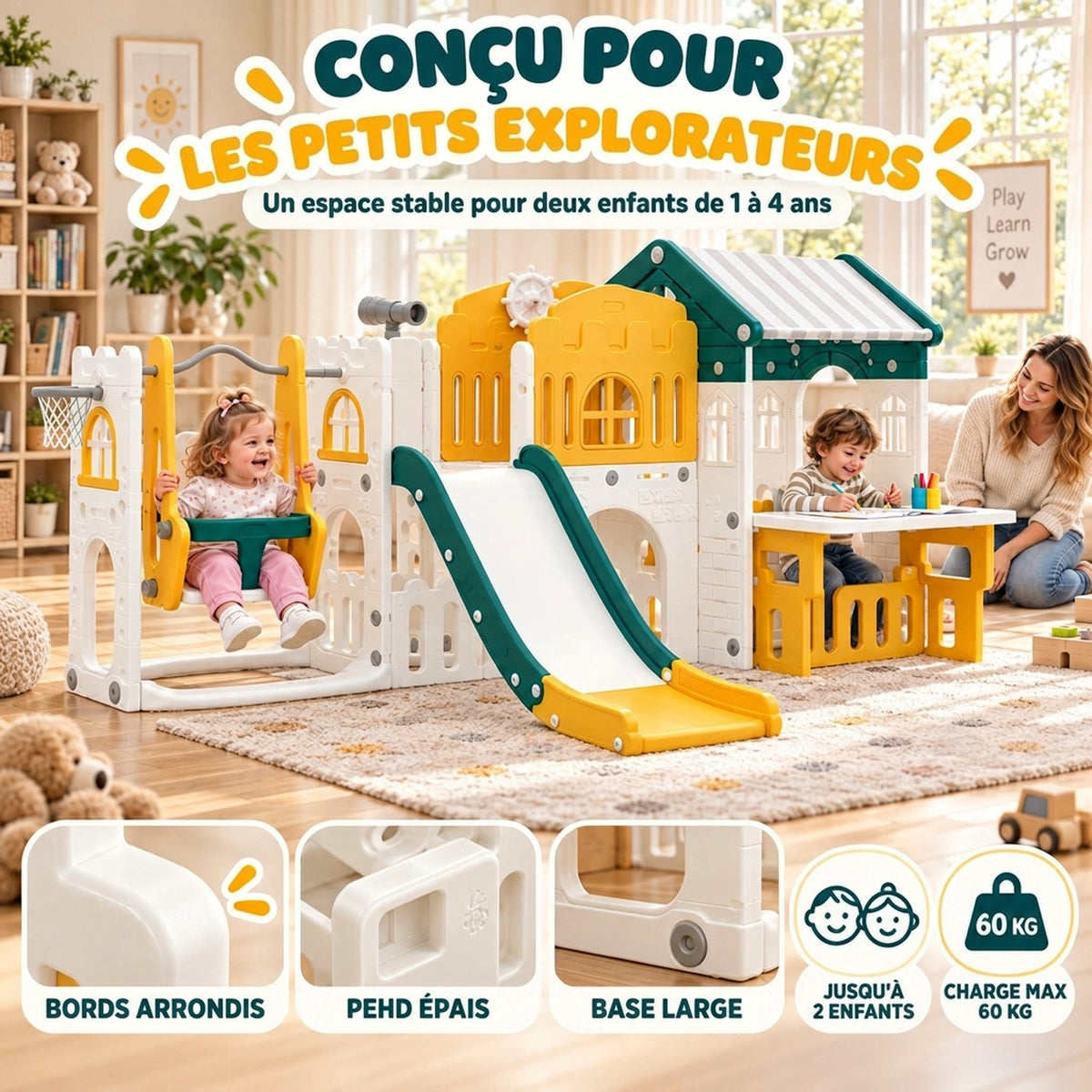 Ensemble Toboggan et Balançoire 11 en 1 Enfants, Aire de Jeux Intérieure, Maisonnette, Panier de Basket, 1-4 Ans, Jaune-4